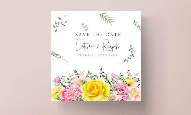 美しい手描き咲く花の結婚式の招待状のテンプレート