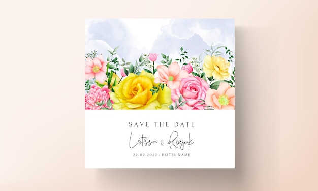 美しい手描き花の水彩結婚式の招待カードセット