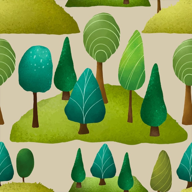 無料ベクター 美しい手描きの緑の風景と木の模様