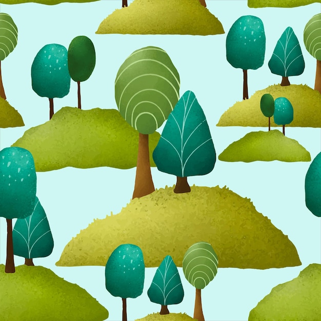 無料ベクター 美しい手描きの緑の風景と木の模様