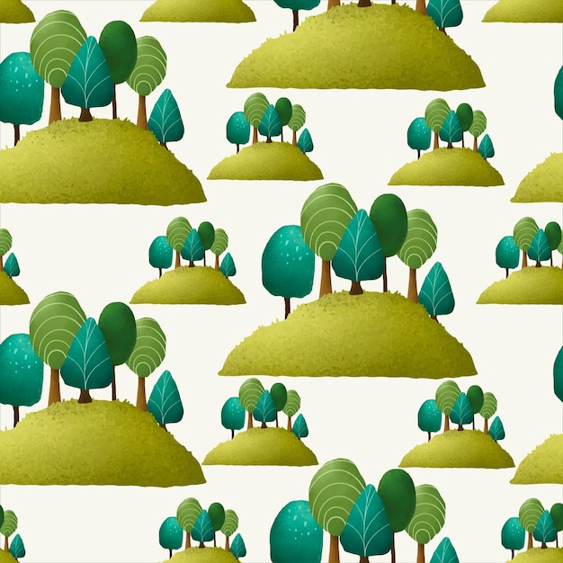 Vettore gratuito bellissimo paesaggio verde disegnato a mano e motivo ad albero