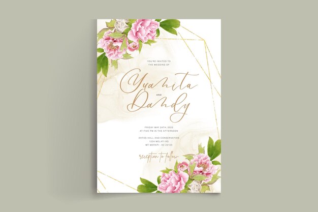 美しい手描きの牡丹の花と葉の招待カードセット