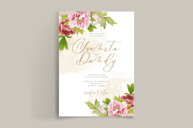 Beautiful hand drawn peony floral and leaves invitation card set