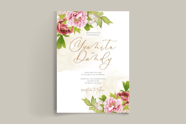 美しい手描きの牡丹の花と葉の招待カードセット