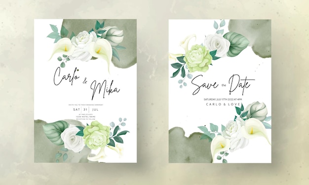 beautiful hand drawn rose and calla lily flower wedding invitation card