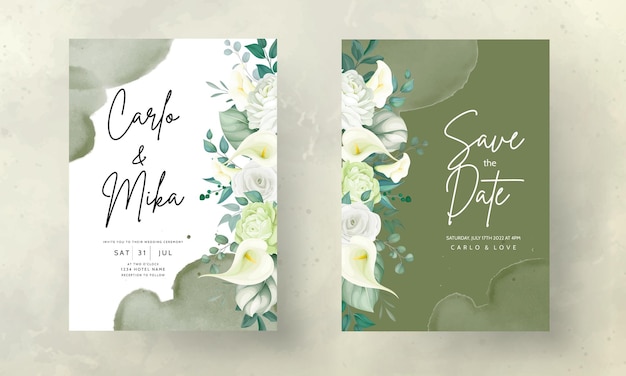 Free vector beautiful hand drawn rose and calla lily flower wedding invitation card