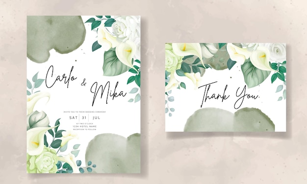 Free vector beautiful hand drawn rose and calla lily flower wedding invitation card