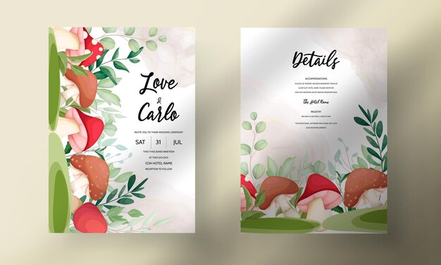 Beautiful hand drawn roses and mushroom wedding invitation card set