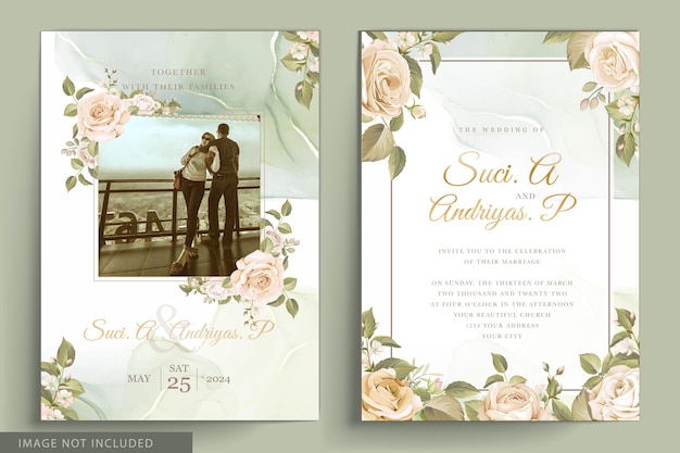 Vettore gratuito bellissimo set di carte di invito a nozze con rose disegnate a mano