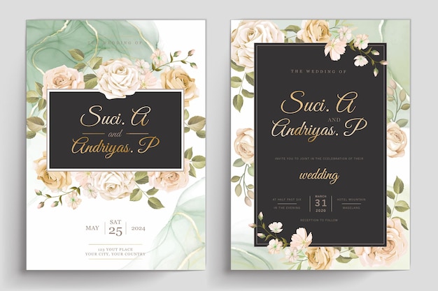 美しい手描きのバラの結婚式の招待カードセット 無料ベクター