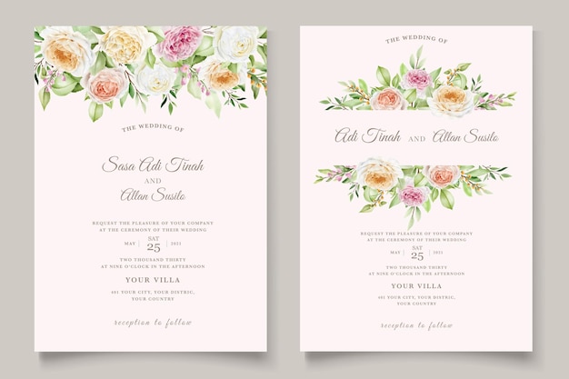 Free vector beautiful hand drawn roses wedding invitation card set