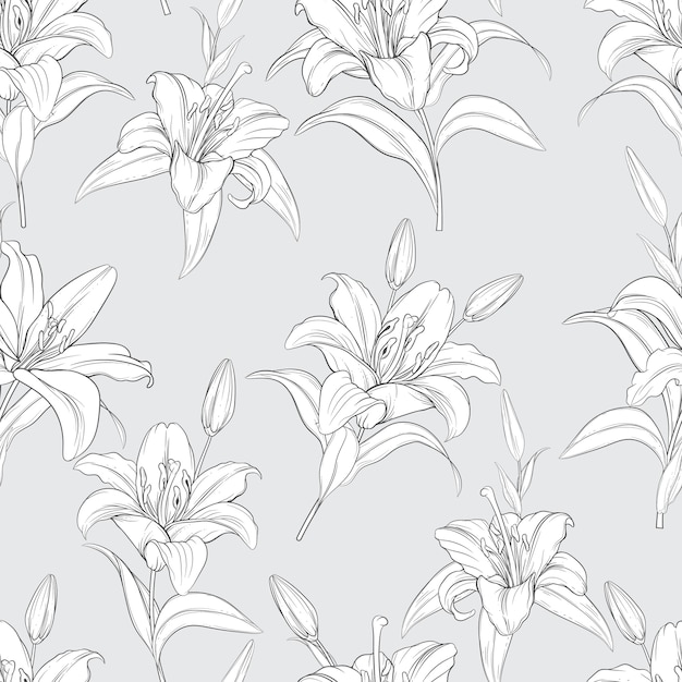 Free vector beautiful hand drawn seamless pattern lily flowers