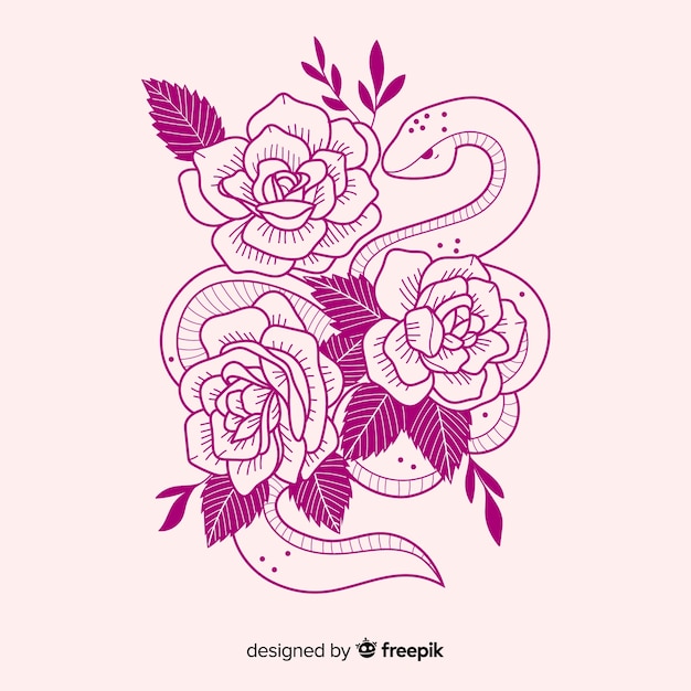 Красивая рисованная змея с цветами