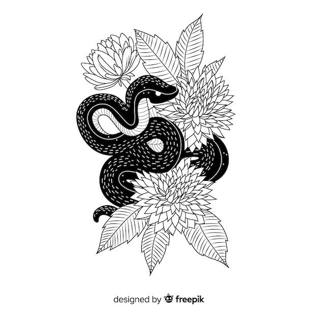 Beautiful hand drawn snake with flowers