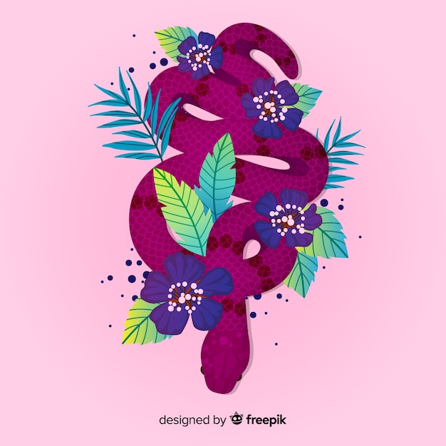 Beautiful hand drawn snake with flowers