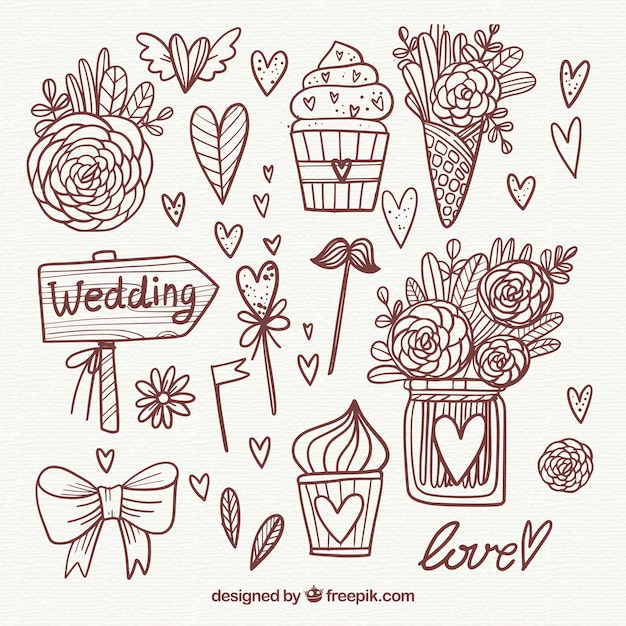 Free Vector beautiful hand drawn wedding elements collection