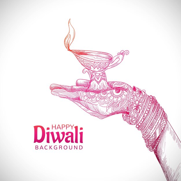 Beautiful hand holding sketch Indian oil lamp diwali festival