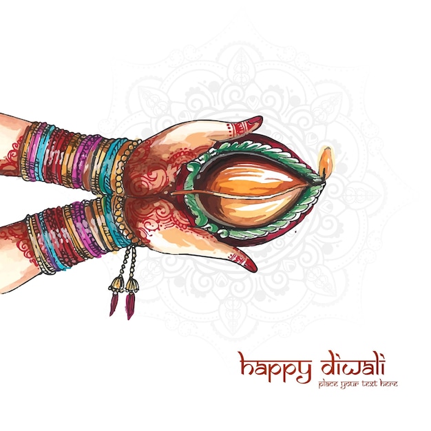 인도 오일 램프 디왈리 축제 배경을 위한 수채화를 들고 있는 아름다운 손