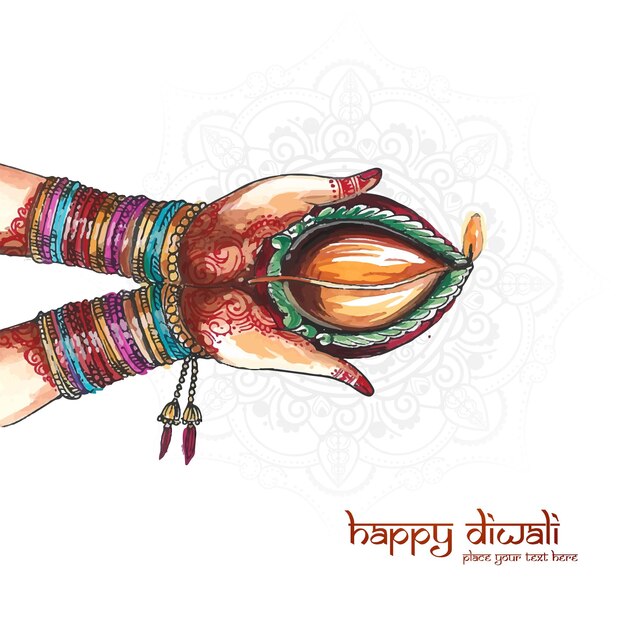 Beautiful hand holding watercolor for indian oil lamp diwali festival background