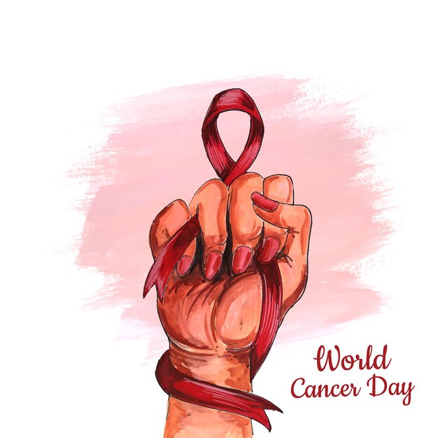 Beautiful hand with ribbon of world cancer day background