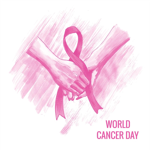 Beautiful hand with ribbon of world cancer day background