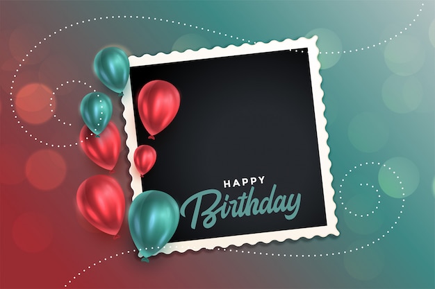 Free vector beautiful happy birthday card with balloons and photo frame