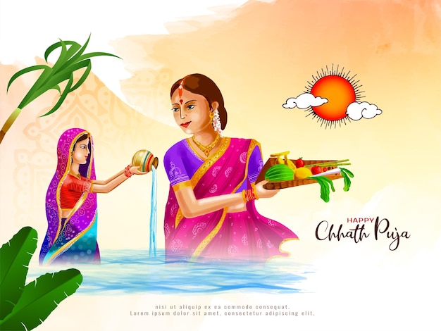 Bella felicità chhath puja culturale indiano festival biglietto di auguri vettore