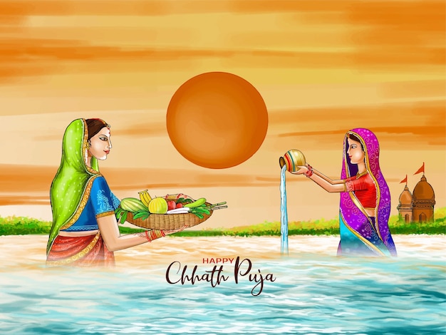 아름다운 행복한 Chhath puja 인도 축제 전통적인 배경  ⁇ 터