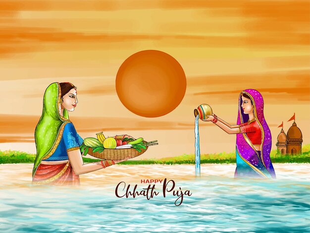 Красивая счастливая пужа Chhath Индийский фестиваль традиционный вектор фона