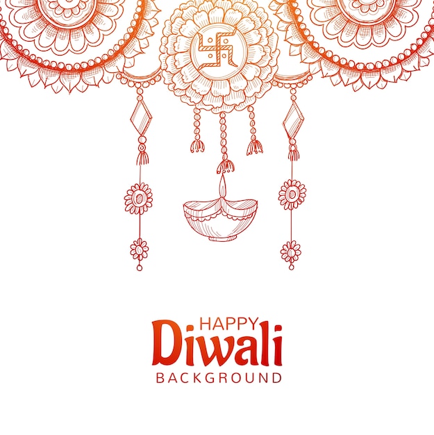 Beautiful happy diwali decorative hanging diya sketch design