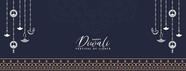 Bellissimo banner di saluto del festival happy diwali con design di lampade a sospensione