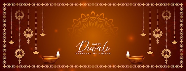 Free vector beautiful happy diwali festival greeting banner with hanging lamps design