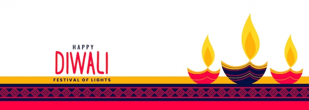 Banner di bella felice diwali lungo con tre lampade decorative di diya