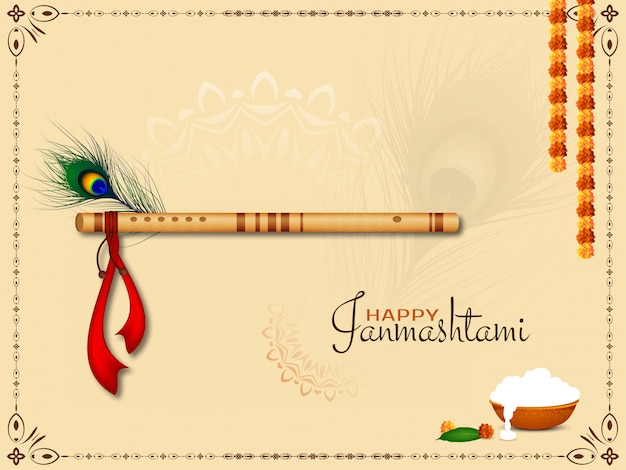 Vettore gratuito bellissimo sfondo decorativo janmashtami felice con flauto