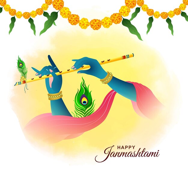 Beautiful happy janmashtami with lord Krishna hand playing bansuri card design