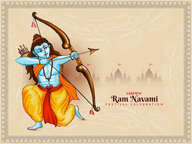 Vettore gratuito bella felicità ram navami carta di festa indiana con il signore rama