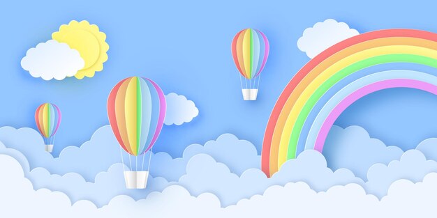 美しい虹と空にハート形の白と赤の風船のバレンタインカード プレミアムベクター