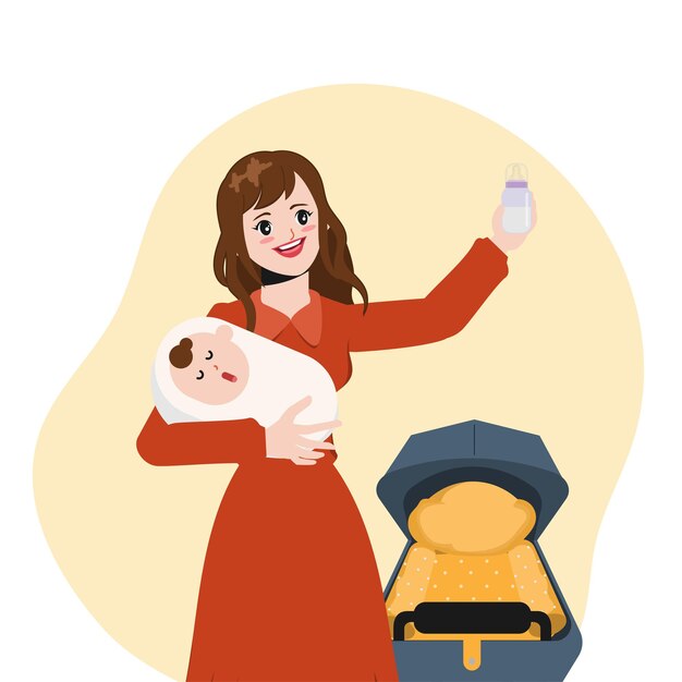 beautiful housewife is feeding baby illustration vector cartoon animation design