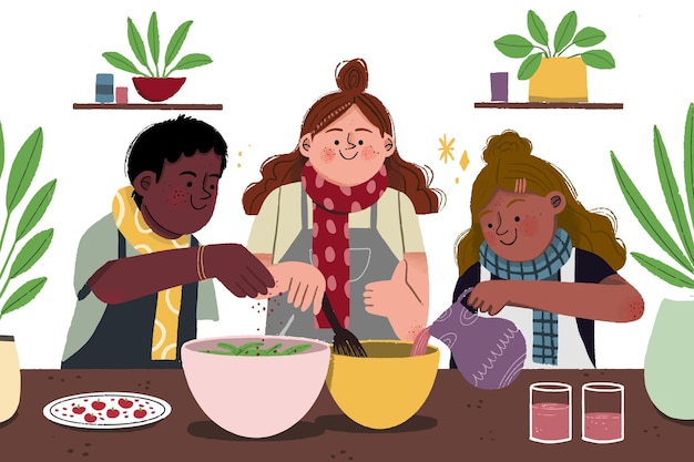 Free vector beautiful illustration of autumn children cooking