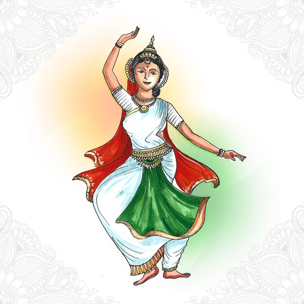 美しいインドの女性がインドの独立カードの背景で踊る