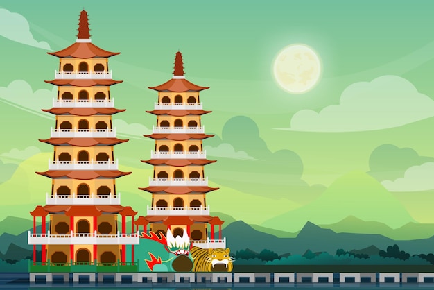 Free vector beautiful landscape of longhu pagodas in taiwan architecture line skyline, famous landmarks tourist attraction design postcard or travel poster, vector illustration.