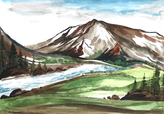 Vettore gratuito bellissimo paesaggio di montagna disegnare a mano la pittura sullo sfondo