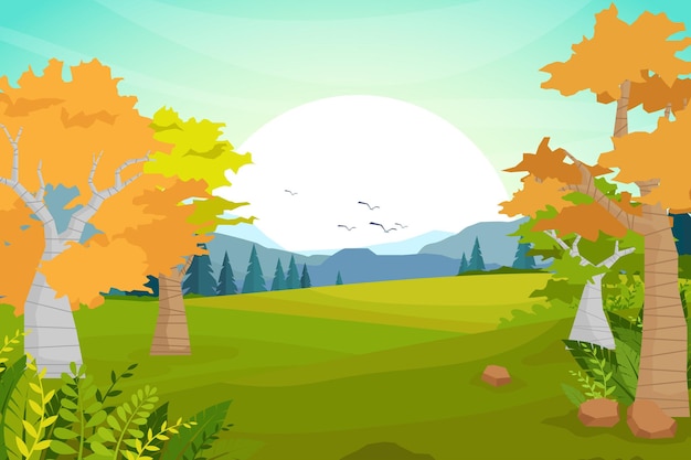 Free vector beautiful landscape nature with flat illustration. valley and spruce forest, nature tourism landscap , travel mountains adventure concept