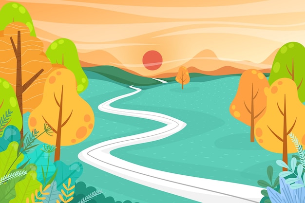 Beautiful landscape nature with flat illustration. valley and spruce forest, nature tourism landscape, travel mountains adventure concept