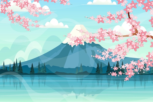 후지산 정상에 눈 덮인 배경에 벚꽃 가지의 아름다운 풍경, 푸른 하늘에 구름, 일러스트레이션 벡터