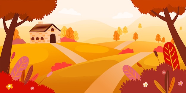 Vettore gratuito bellissimo paesaggio con albero e fogliame autunnale nella stagione autunnale per lo sfondo, illustrazione vettoriale