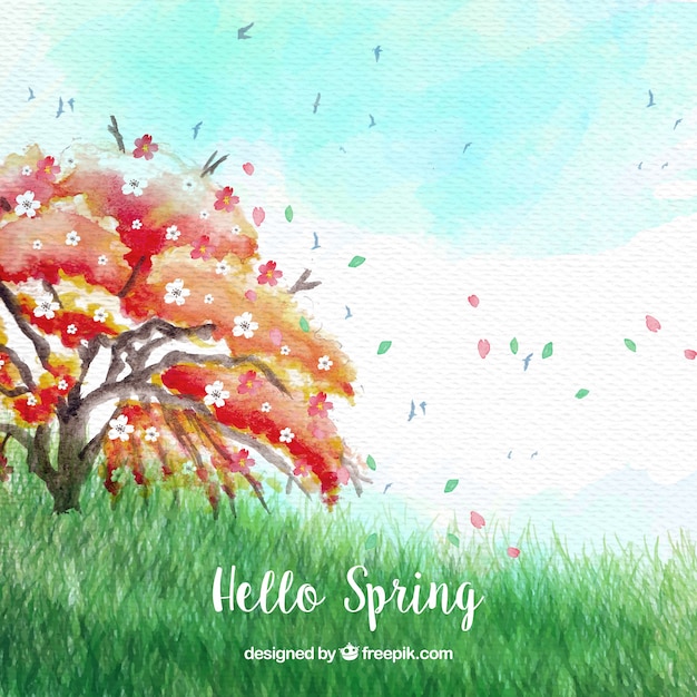 Free vector beautiful landscape with tree and spring breeze