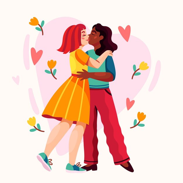 彼女のボーイフレンドにキスするかわいい女の子 幸せなバレンタイン 漫画のキャラクターイラスト 無料のベクター