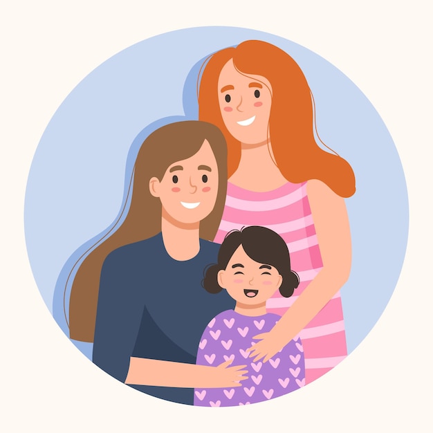 Free vector beautiful lesbian couple with a kid illustrated