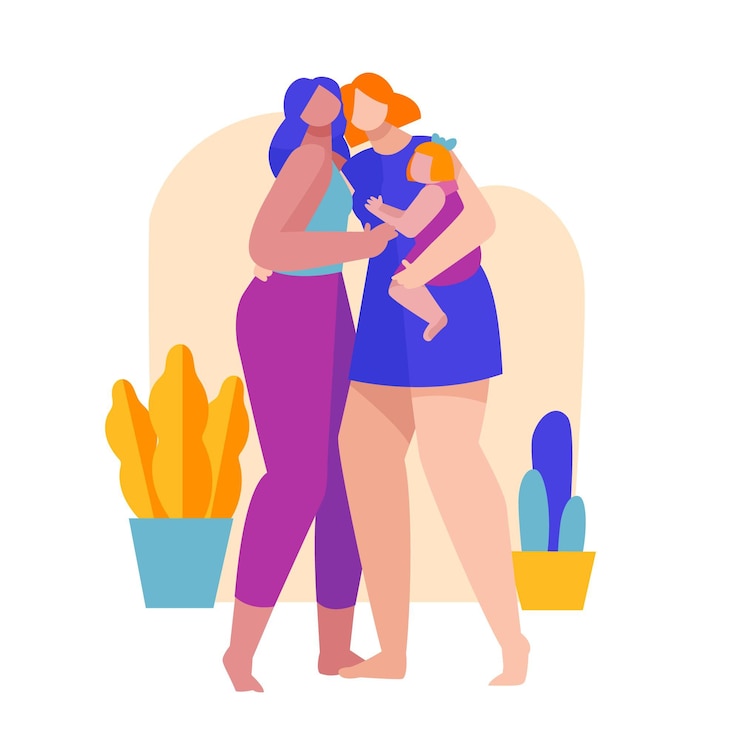 Free Vector beautiful lesbian couple with a kid illustrated